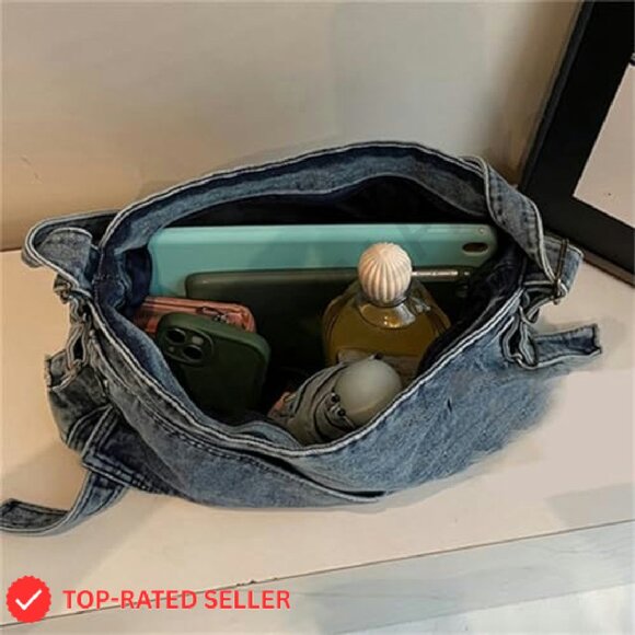 Retro Denim Hobo Tote Crossbody Bag Minimalist Chic Roomy Large Capacity - Picture 7 of 8